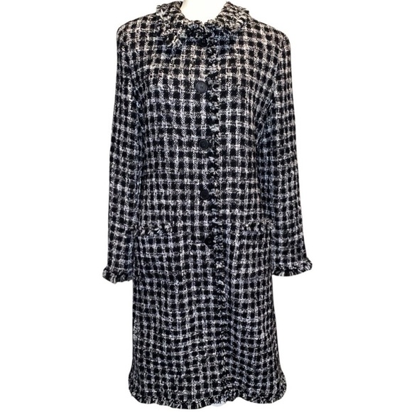 VTG MARVIN RICHARDS Houndstooth Wool Tweed Midi Boucle Coat Fringe Hem Medium - Picture 1 of 8